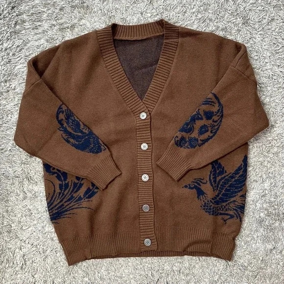 Phoenix Bird Cardigan Button Down XL Sweater Blue Brown Boxy Indie Hipster Boho - Picture 2 of 7